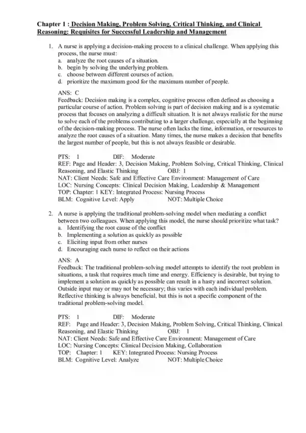 Leadership Roles and Management Functions in Nursing Theory and Application 11th Edition Test Bank