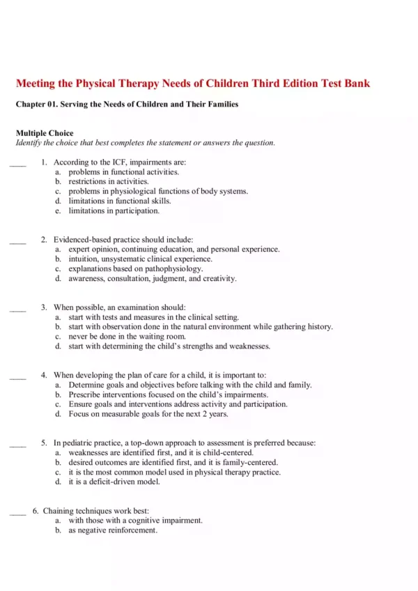 Meeting the Physical Therapy Needs of Children Third Edition Test Bank