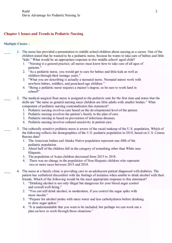Pediatric Nursing Critical Components of Nursing Care 3rd Edition Kathryn Rudd Test Bank