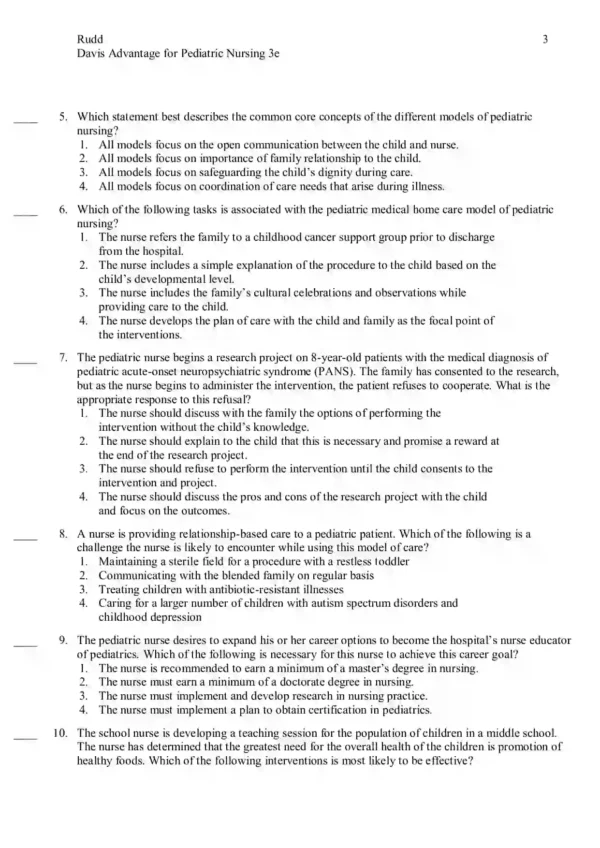 Pediatric Nursing Critical Components of Nursing Care 3rd Edition Kathryn Rudd Test Bank
