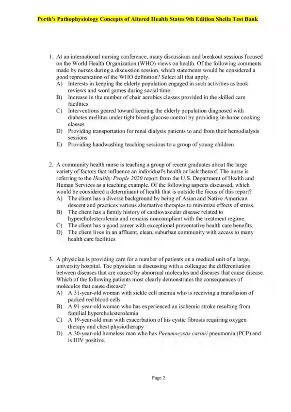 Porth's Pathophysiology Concepts of Altered Health States 9th Edition Sheila Test Bank