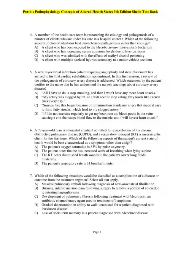 Porth's Pathophysiology Concepts of Altered Health States 9th Edition Sheila Test Bank