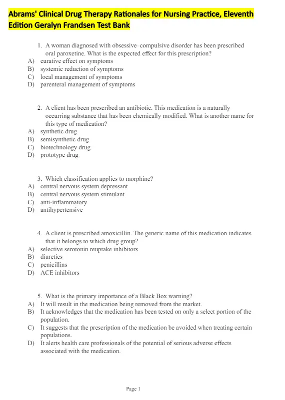 Abrams Clinical Drug Therapy 11th Edition Geralyn Frandsen Test Bank1 Abrams' Clinical Drug Therapy Rationales for Nursing Practice 11th Edition Geralyn Frandsen Test Bank